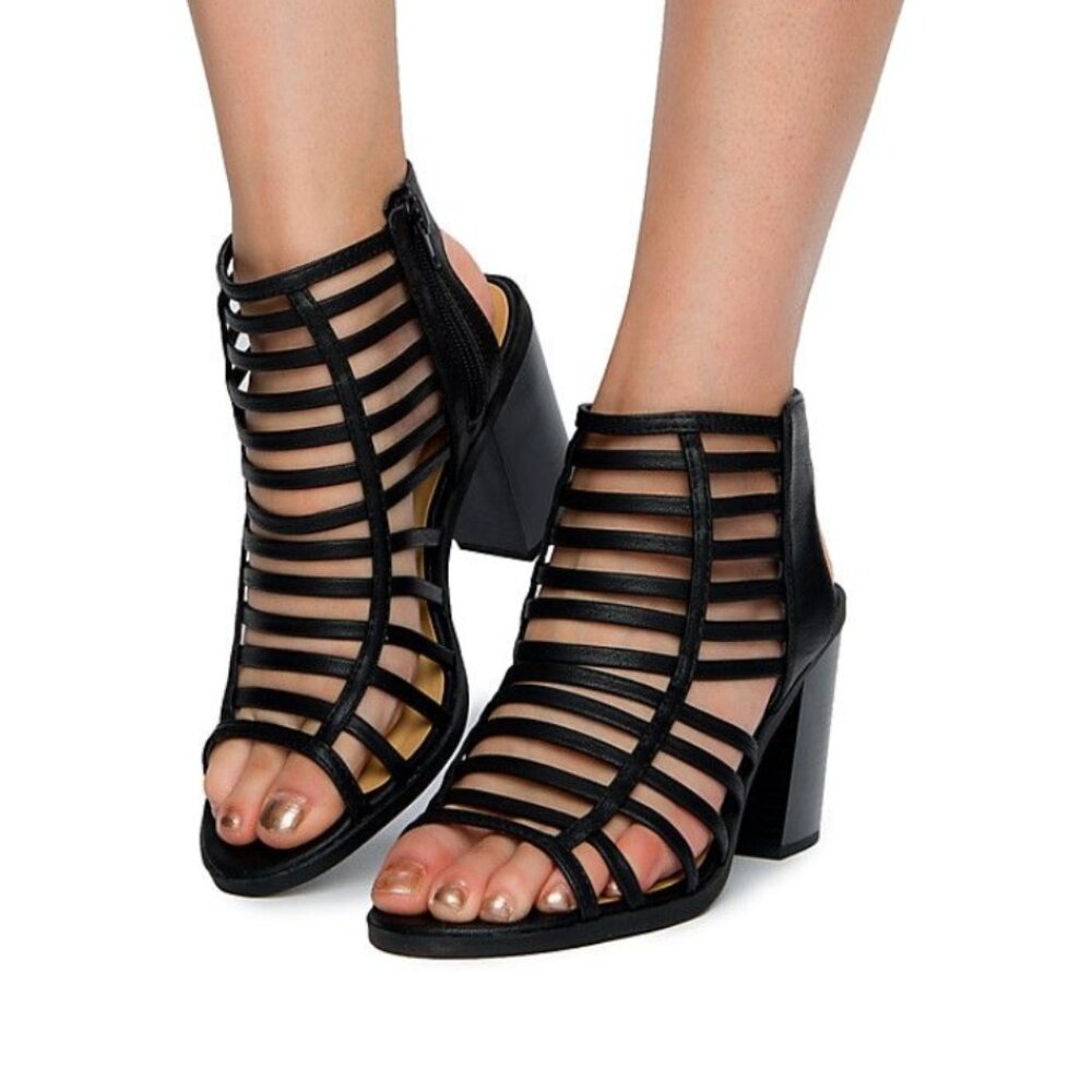 Soda Black Strappy Cadged Chunky Block Ankle Heels